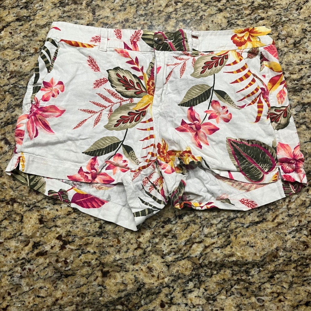 Old Navy Everyday Shorts Womens 10 White Tropical Floral Linen Blend Mid-Rise